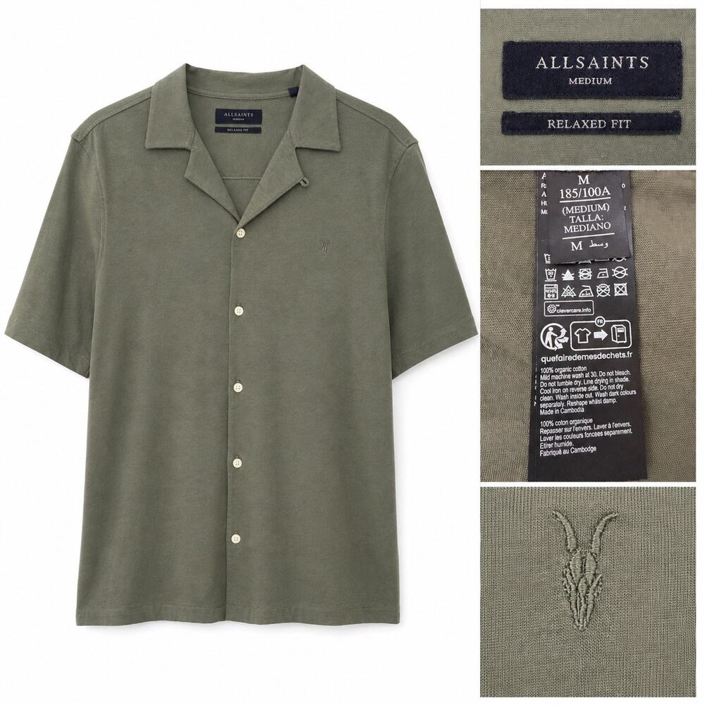 AllSaints Vedra Relaxed Fit Button-Up Shirt Mens M Olive Green Organic Cotton
